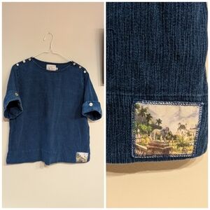 Michael Leu Collection Womens Medium Blue Texture Top Art Detail ShortSleeve 125